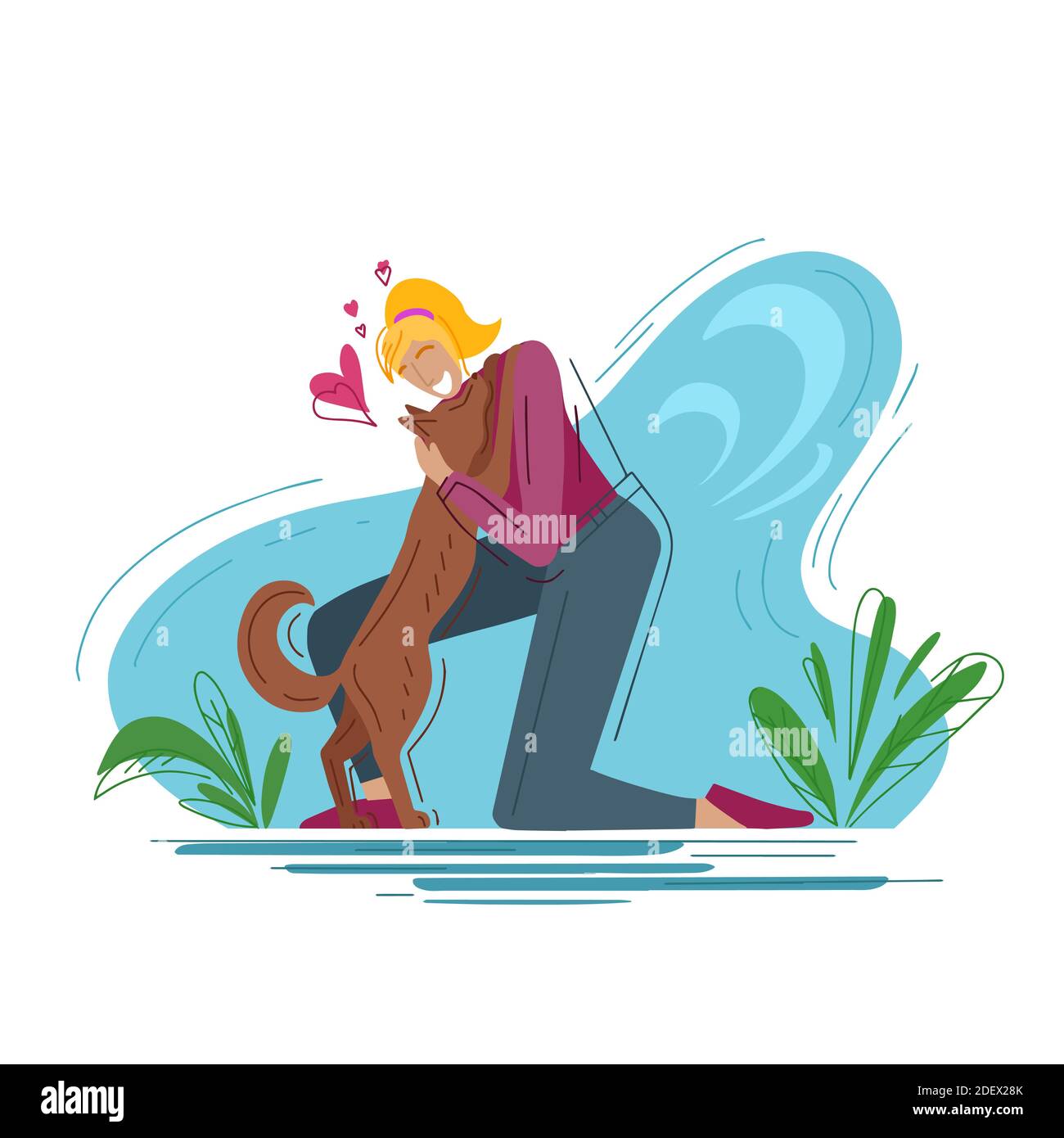 Amore per gli animali domestici. Illustrazione alla moda. Gioiosa donna che abbracciava un cane su uno sfondo astratto. Aiutare gli animali senza casa. Illustrazione piatta del vettore f Illustrazione Vettoriale