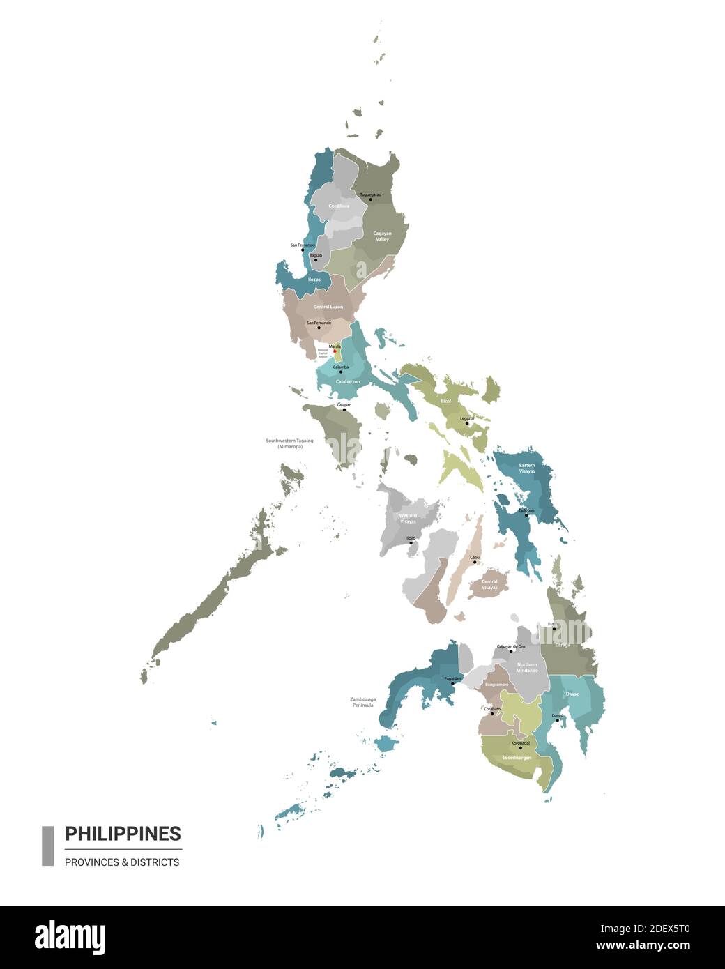 Filippine higt mappa dettagliata con suddivisioni. Mappa amministrativa delle Filippine con i distretti e le città nome, colorato da stati e amministrativ Illustrazione Vettoriale
