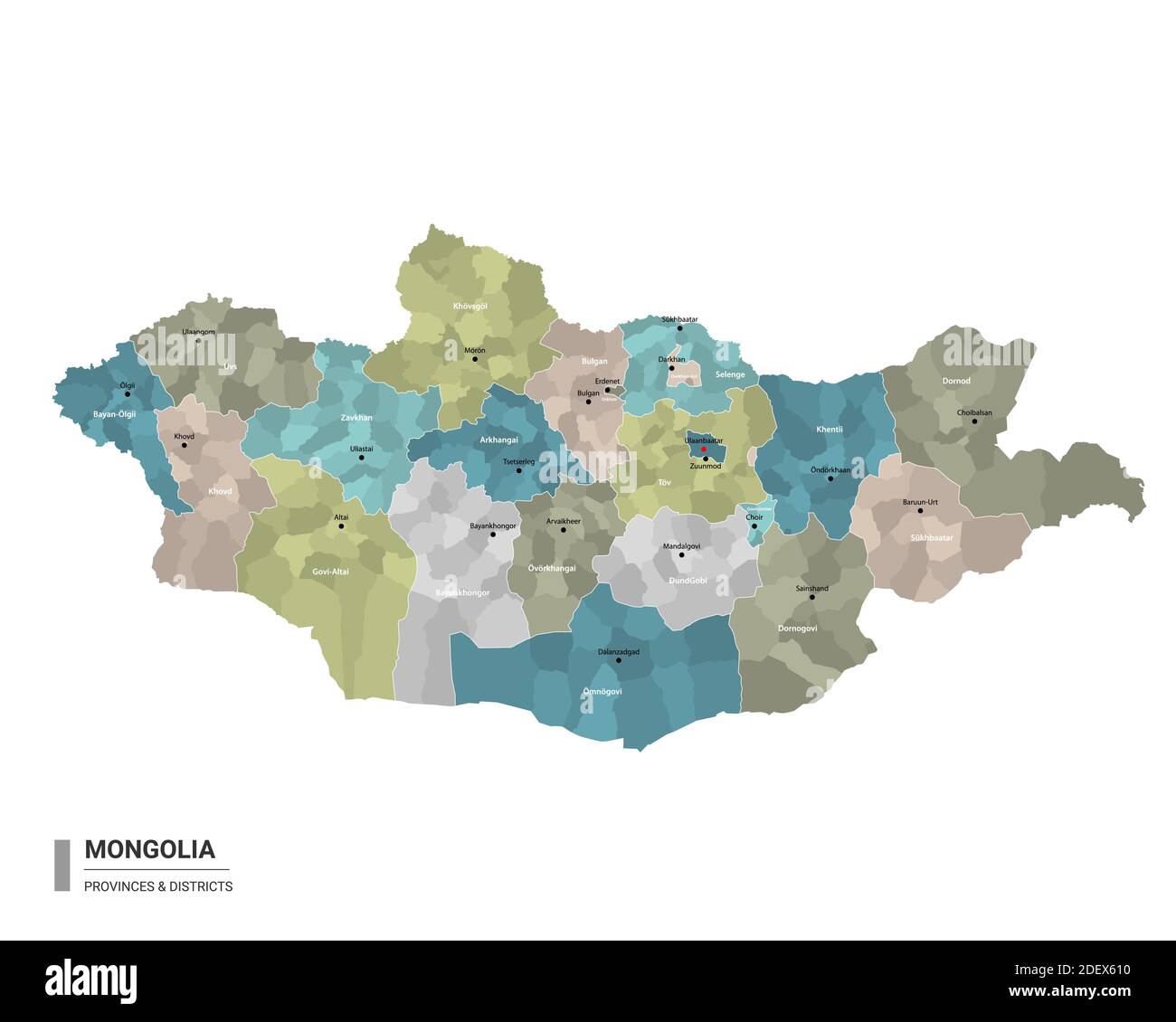 Mongolia higt Mappa dettagliata con suddivisioni. Mappa amministrativa della Mongolia con il nome di distretti e città, colorata per stati e dist amministrativo Illustrazione Vettoriale