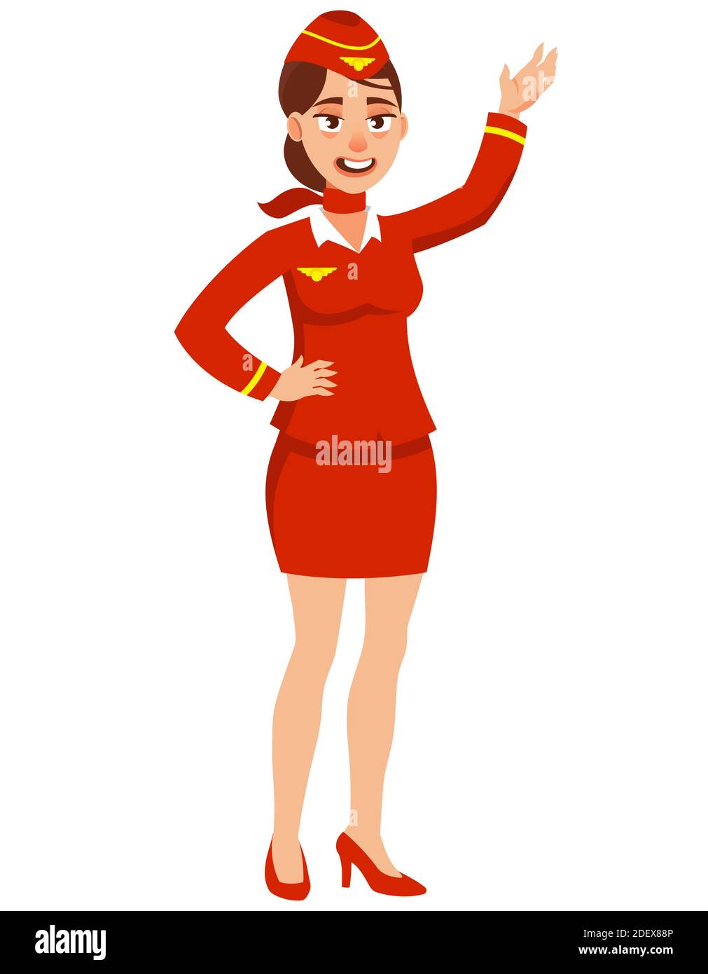 Mano ondulata senza stewardess. Carattere femminile in stile cartoon. Illustrazione Vettoriale