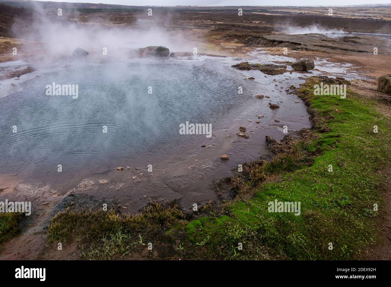 Vapore dalla sorgente termale geotermica Geysir nella valle Haukadalur in islanda Foto Stock