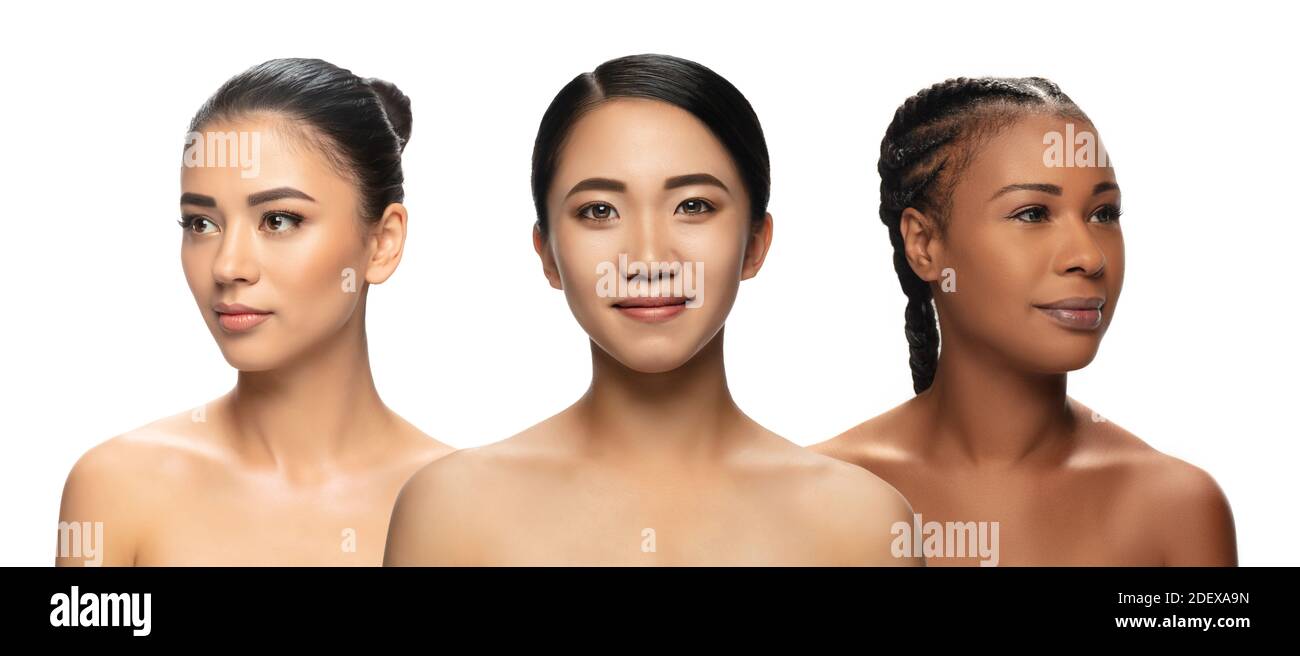 Collage. Bellezza multietnica. Diversa etnia e belle giovani donne isolate su sfondo bianco. Volantino per l'annuncio. Concetto di bellezza, moda, salute, cura della pelle. Interrazziale e multiculturalismo. Foto Stock