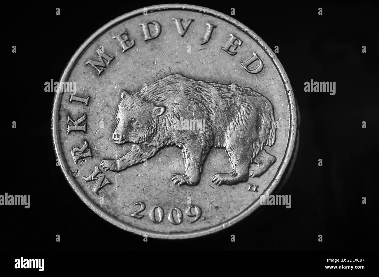 Un dettaglio macro closeup di 5 monete croate di Kuna. Obverse Foto Stock