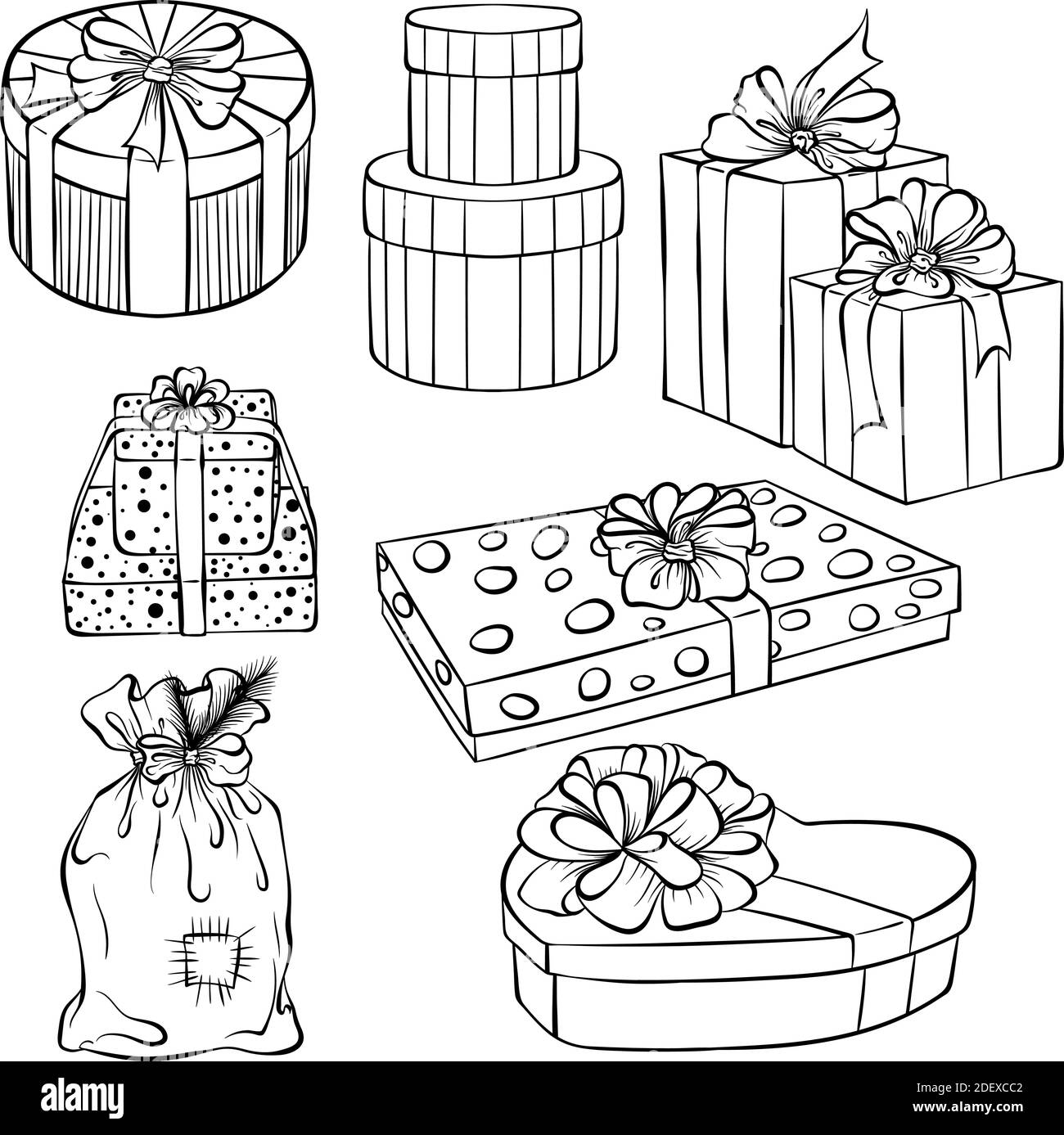 Set di confezioni regalo di diverse forme. Illustrazione vettoriale disegnata a mano con contorno isolato su sfondo bianco. Ritiro per la vacanza. Applicabile per colorare libri, stampe, altri elementi di disegno. Illustrazione Vettoriale