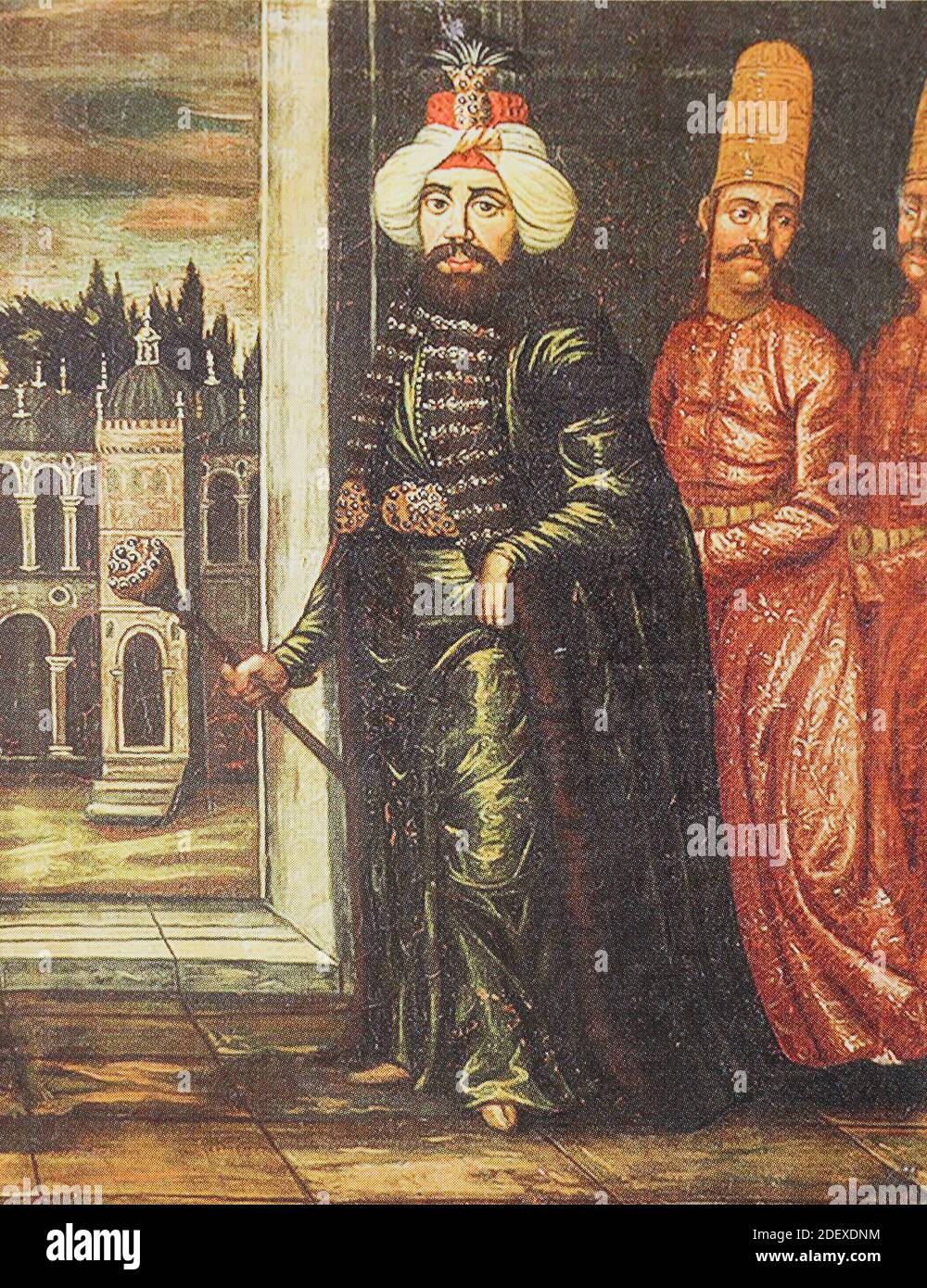 Ritratto del sultano dell'Impero Ottomano Ahmed III (30 dicembre 1673 – 1 luglio 1736). Turco in miniatura. Ahmed III era Sultano dell'Impero Ottomano e figlio del sultano Mehmed IV (r. 1648–87). Sua madre era Gülnuş Sultan, originariamente chiamata Evmenia voRia, che era un greco etnico. Nacque a Hacıoğlu Pazarcık, a Dobruja. Foto Stock