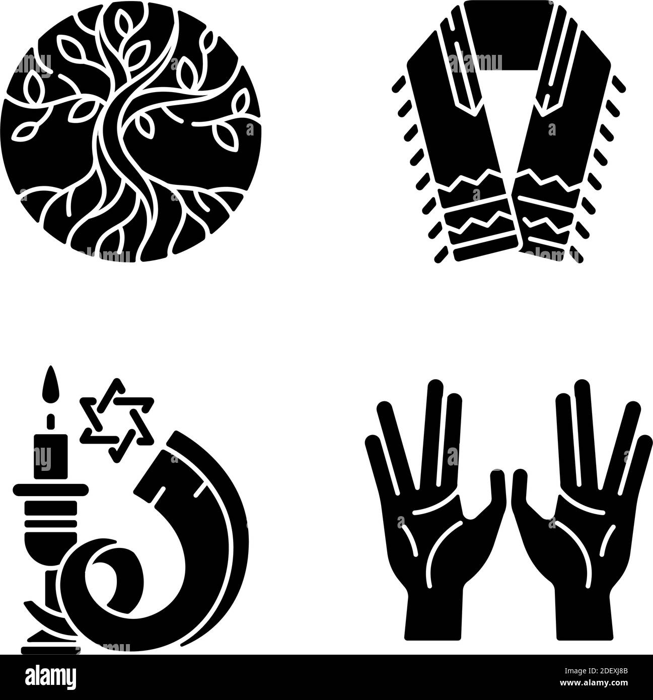 Judaism segni le icone nere del glifo impostate sullo spazio bianco Illustrazione Vettoriale
