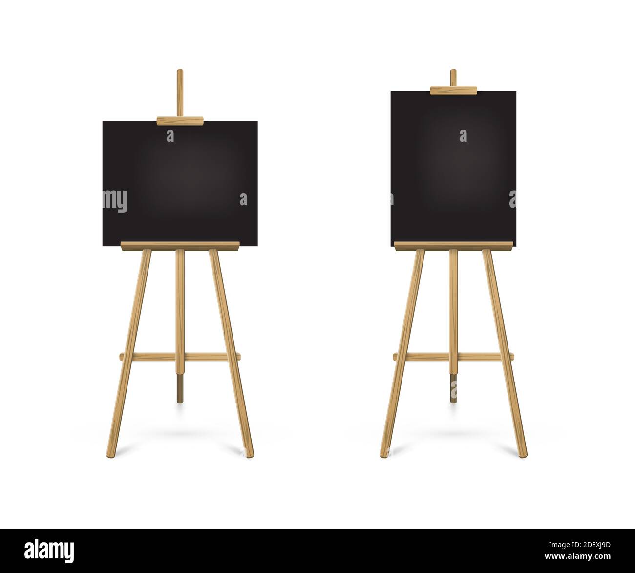 Cavalletto in piedi con set di tavole nere. Lavagna vuota su treppiede in legno per l'arte, la pittura, il disegno o l'illustrazione vettoriale di annuncio. Studio Illustrazione Vettoriale