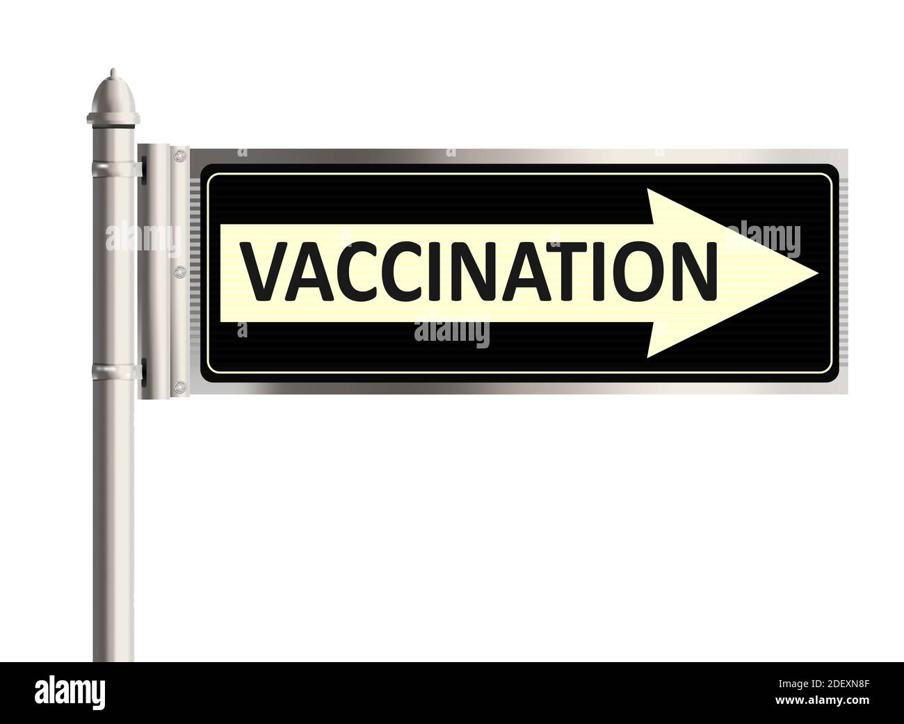 Concetto di vaccinazione. Segnale stradale con la parola vaccinazione su sfondo bianco. Illustrazione raster. Foto Stock