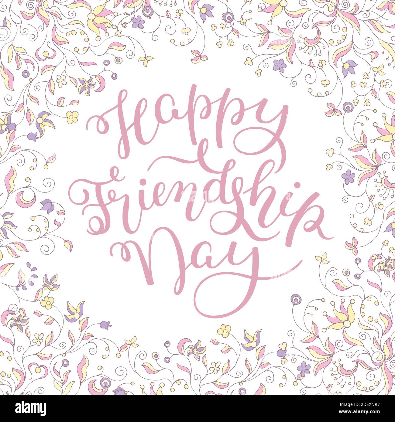 Cornice floreale e scritta a mano Happy Friendship Day. Modello per scheda, poster, stampa. Illustrazione Vettoriale