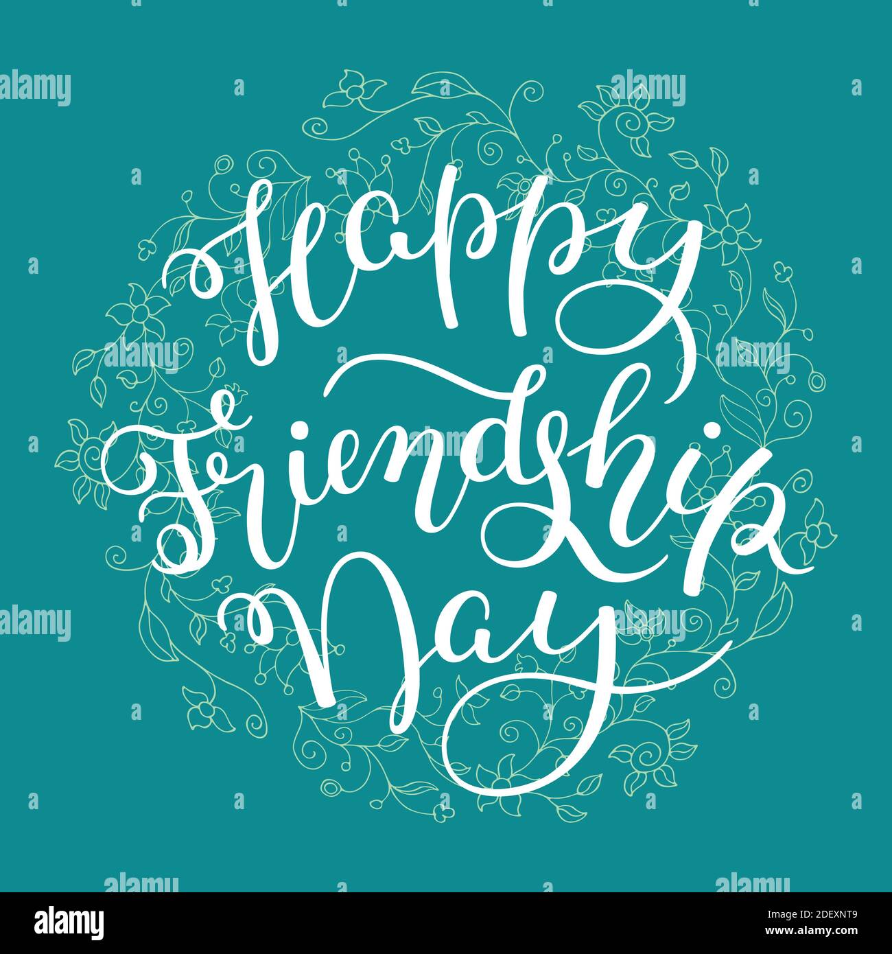 Scritta a mano Happy Friendship Day su sfondo floreale. Modello per scheda, poster, stampa. Illustrazione Vettoriale