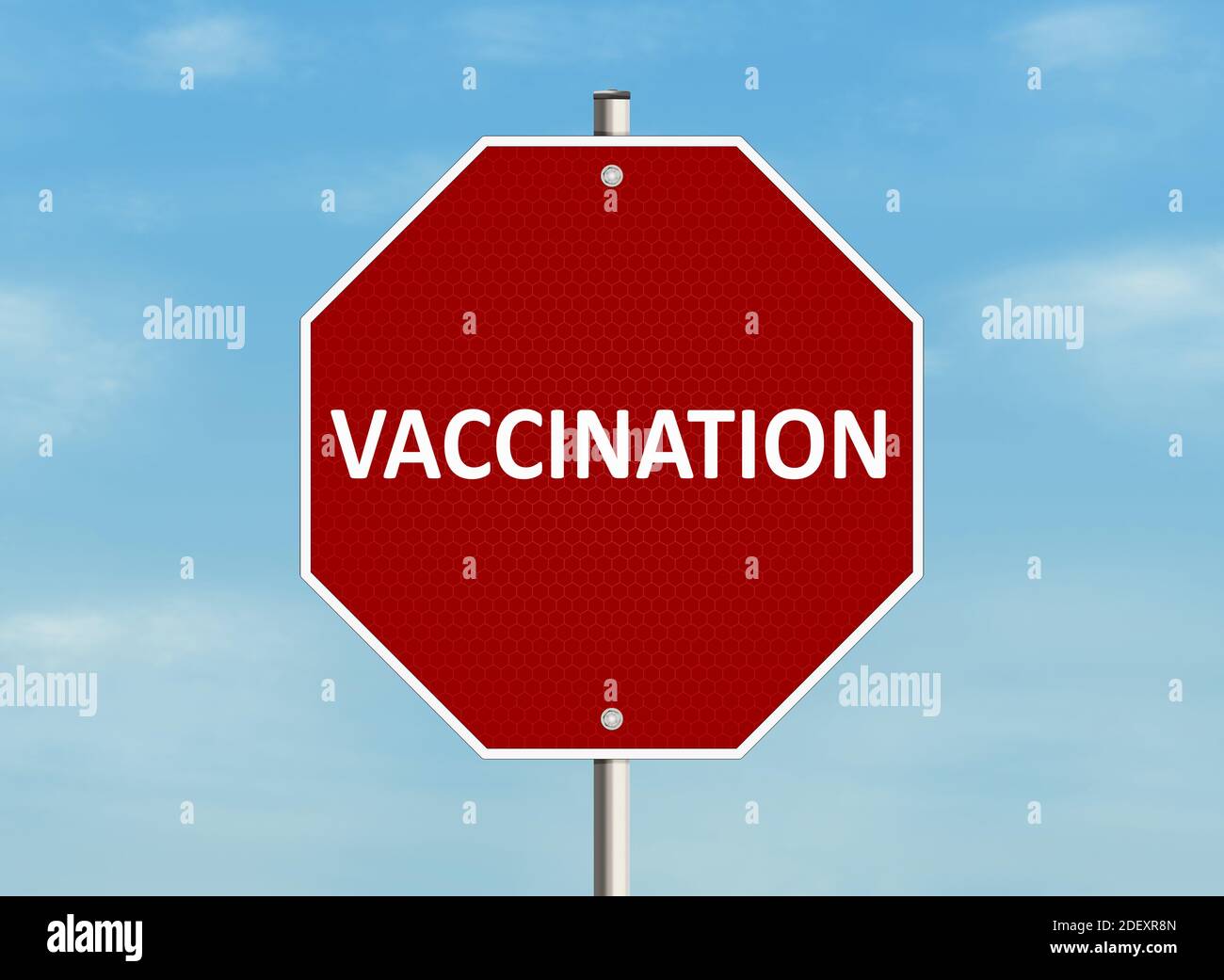 Concetto di vaccinazione. Segnale stradale sullo sfondo del cielo con la parola 'vaccinazione'. Illustrazione raster. Foto Stock