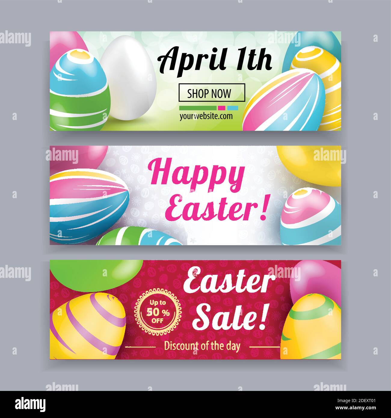 Set di banner pasquali. Uova di Pasqua bianche e gialle rosa su sfondo rosso, bianco, giallo. Eater vendita tre striscioni. Illustrazione Vettoriale