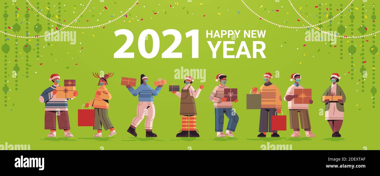 persone in santa cappelli che tengono regali mix razza uomini donne festeggiamo il nuovo anno 2021 e le vacanze di natale orizzontali a tutta lunghezza illustrazione vettoriale Illustrazione Vettoriale