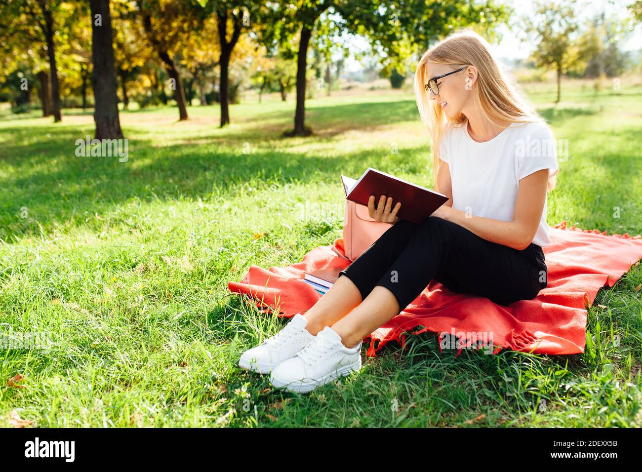Ritratto di una bella ragazza studentessa con occhiali, seduta su una coperta rossa nel Parco, leggendo un libro all'aria fresca, riposo dopo classe Foto Stock