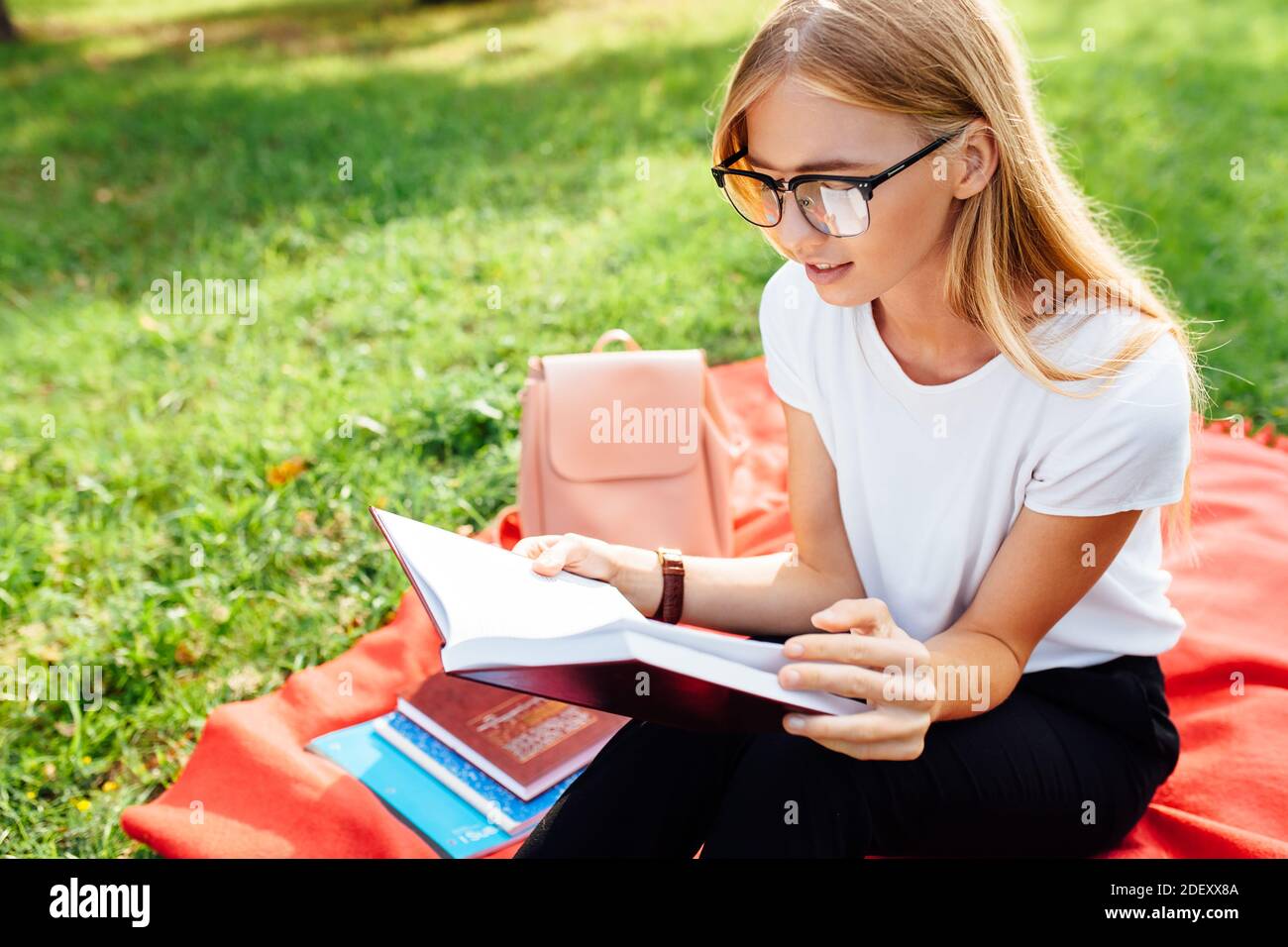 Ritratto di una bella ragazza studentessa con occhiali, seduta su una coperta rossa nel Parco, leggendo un libro all'aria fresca, riposo dopo classe Foto Stock
