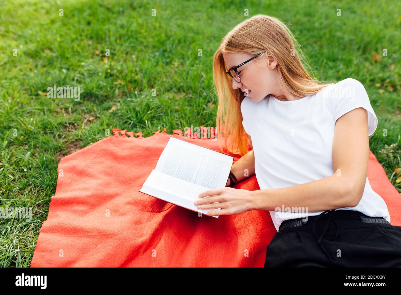 Ritratto di una bella ragazza studentessa con occhiali, seduta su una coperta rossa nel Parco, leggendo un libro all'aria fresca, riposo dopo classe Foto Stock