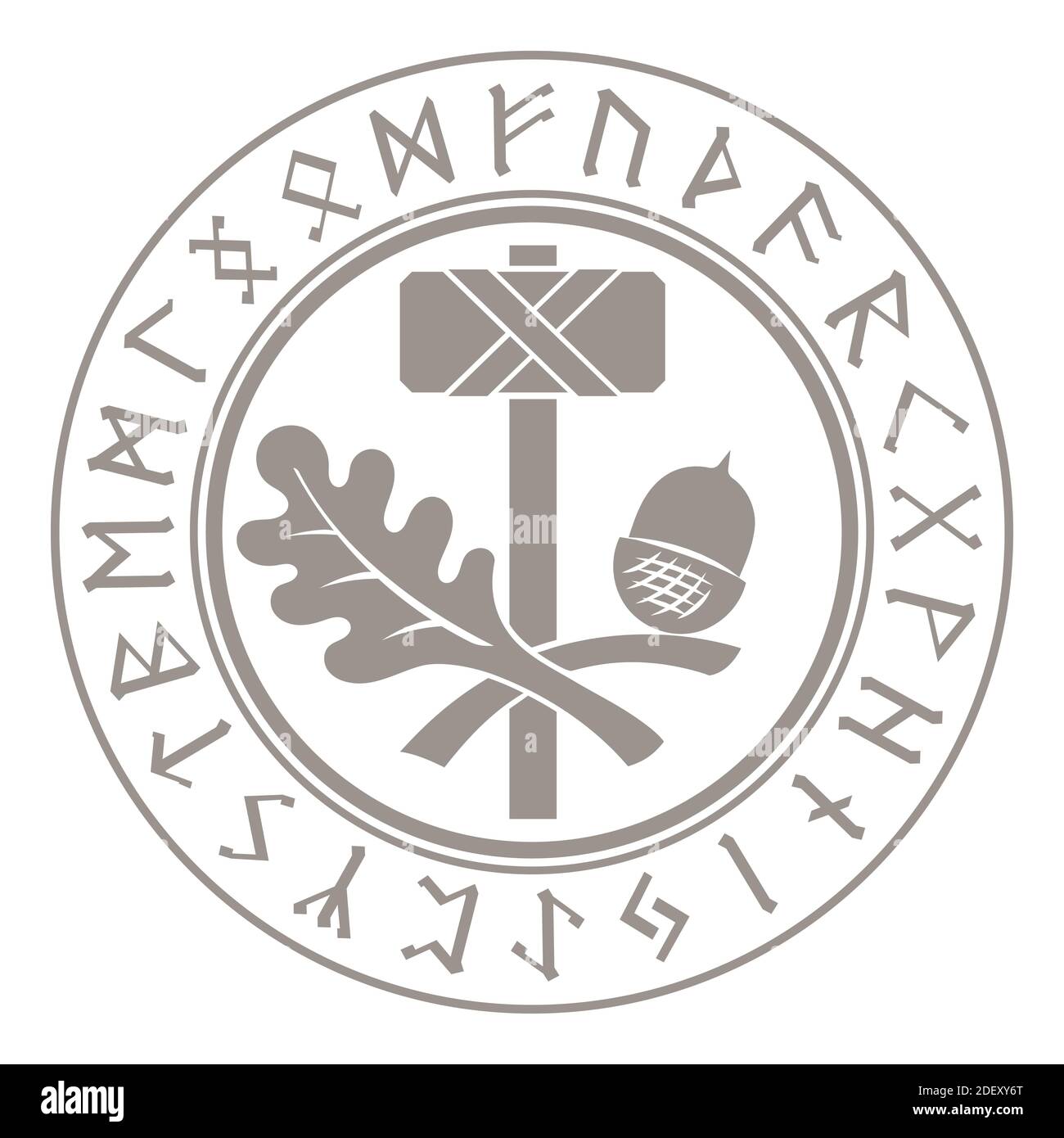Martello Thors - Mjolnir. Rune scandinave e ornamento di foglie di quercia Illustrazione Vettoriale