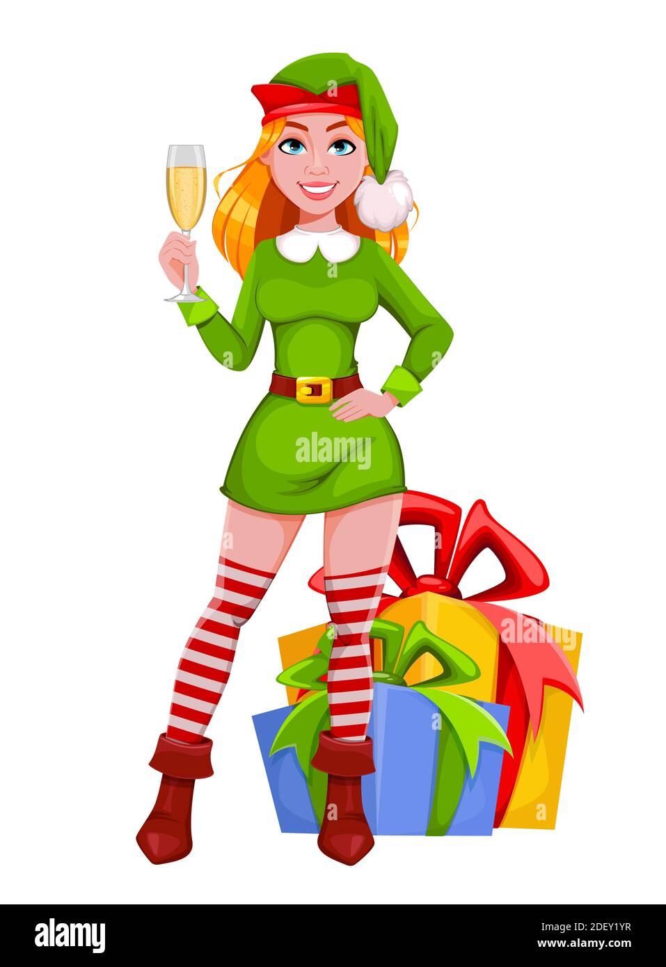 Stock vettore natale signora elfo personaggio cartoon tenendo un bicchiere di champagne. Buon Natale e Felice Anno Nuovo. Illustrazione vettoriale Illustrazione Vettoriale