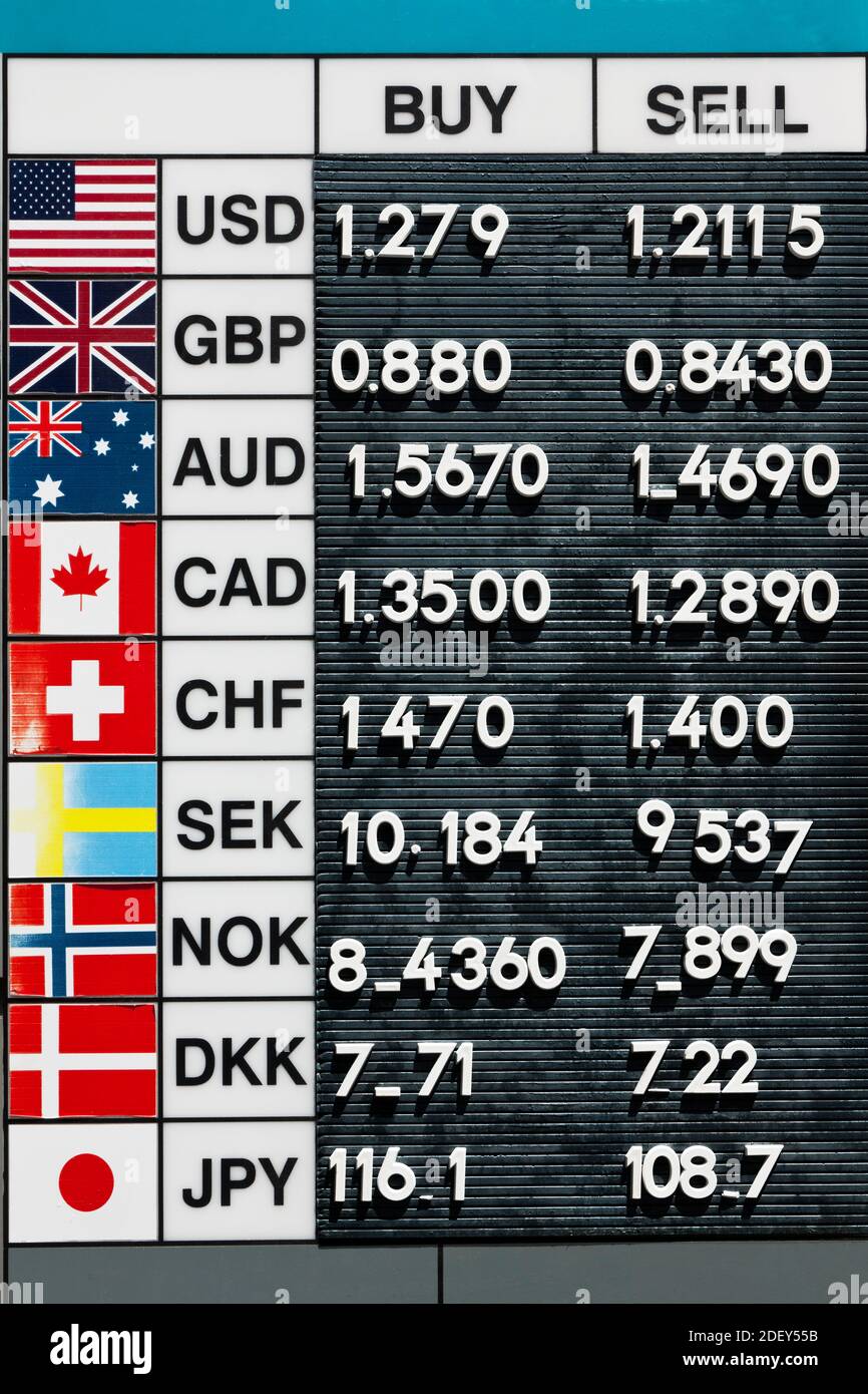 Segno per i tassi di cambio di Euro in valuta estera, Atene, Grecia Foto Stock