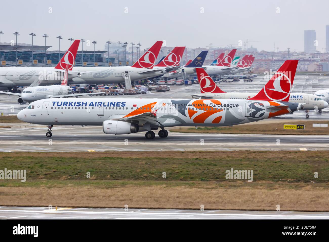 Istanbul, Turchia - 15 febbraio 2019: Aereo Turco Airlines Airbus A321 con livrea speciale Eurolega all'aeroporto Ataturk di Istanbul (IST) a Tu Foto Stock