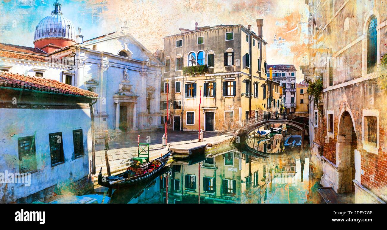 Strada veneziana e canali. Foto artistica in stile retrò. Venezia, Italia Foto Stock