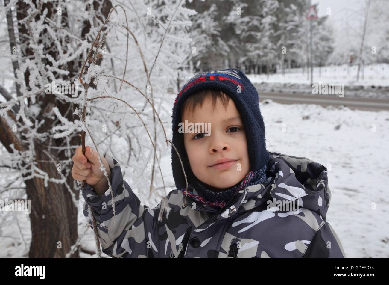 i bambini simpatici e allegri giocano con la neve tra le nevicate. I bambini si siedono nella neve sotto l'albero innevato. Attività invernali per bambini Foto Stock