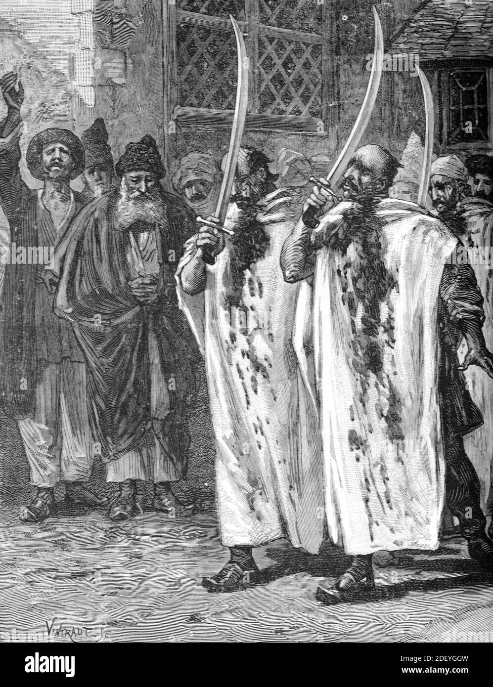 Penitenti religiosi o fondamentalisti musulmani in Azerbaigian Caucaso (Eng Vintraut, 1884) Illustrazione o incisione d'epoca Foto Stock