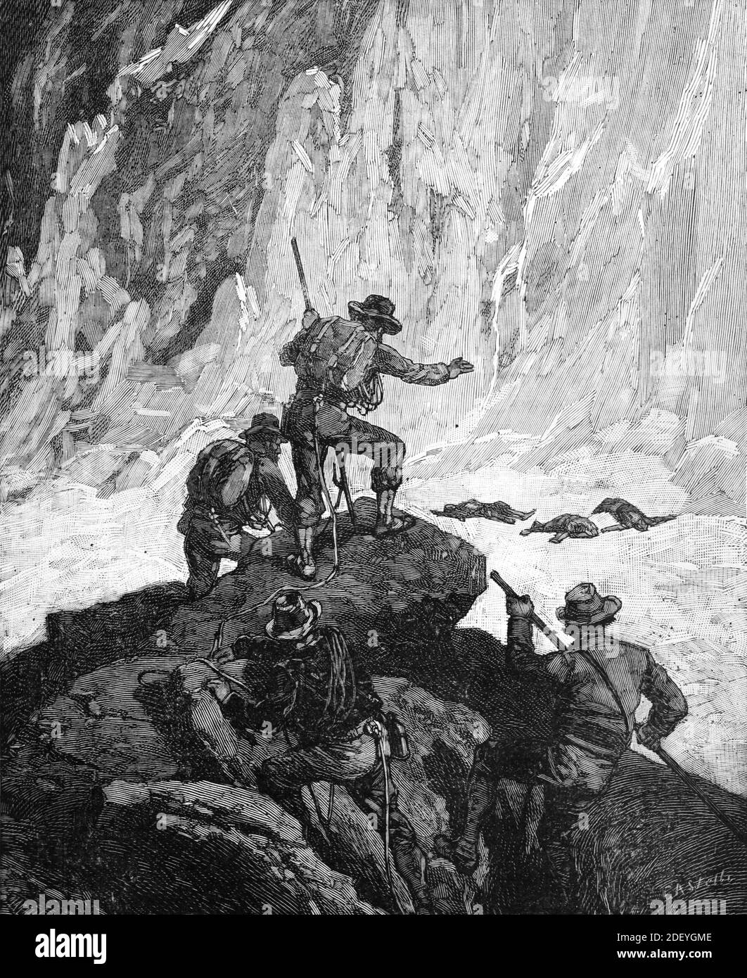Tragedia o tragico incidente di montagna sul Cervino. La spedizione Edward Whymper nelle Alpi svizzere 1865 (engr Castelli 1884) Illustrazione o incisione d'epoca Foto Stock
