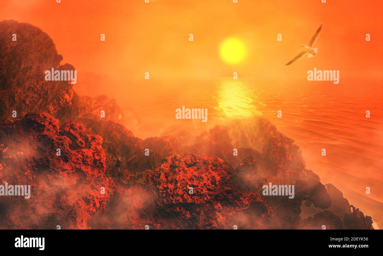 illustrazione 3d. Fantastico paesaggio del Mar marziano, con rocce, montagne e grotte, sole, riflessi d'acqua, nebbia e nuvole Foto Stock