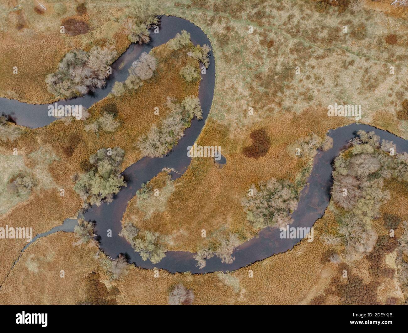 Vista aerea del fiume stream.The fiume zigzags attraverso la campagna.Meander del fiume Moldava, repubblica Ceca.colorato paesaggio aereo della costa del fiume. Foto Stock