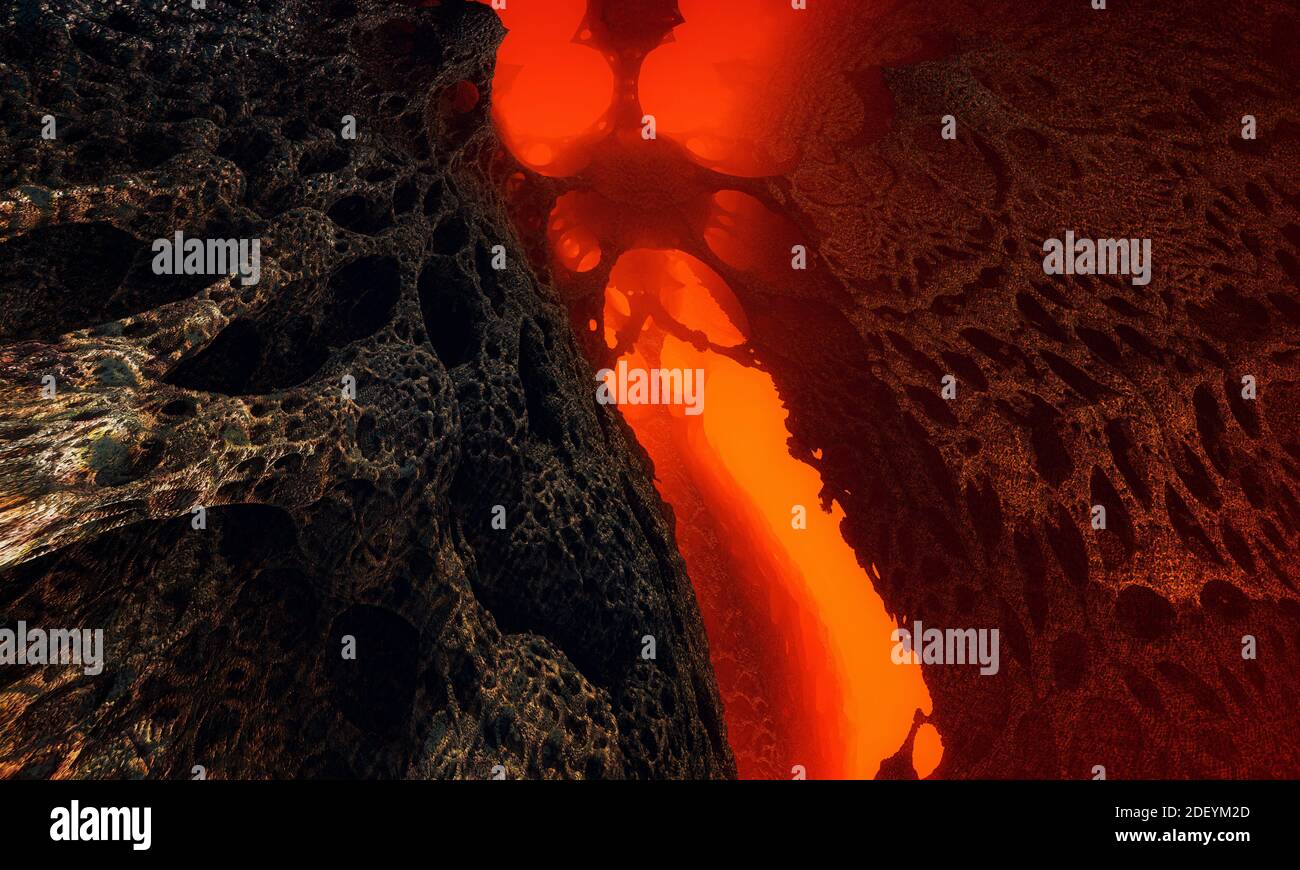 Fantastica rappresentazione 3d di una spaccatura sotterranea, l'interno di un vulcano, con aria calda a temperature molto elevate, evaporazione, lava, aria rossa Foto Stock