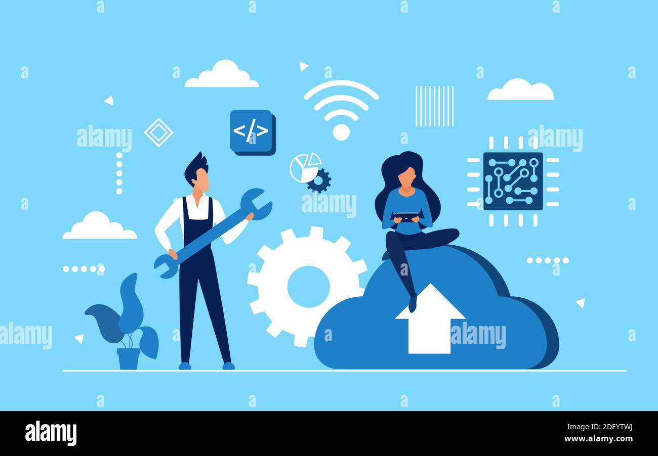 Servizio cloud, illustrazione vettoriale del concetto di archiviazione dei dati dei file multimediali online. Cartoon le piccole persone caricano le informazioni, seduto sul simbolo del cloud, moderna tecnologia online per l'archiviazione di sfondo del database Illustrazione Vettoriale Servizio cloud, illustrazione vettoriale del concetto di archiviazione dei dati dei file multimediali online. Cartoon le piccole persone caricano le informazioni, seduto sul simbolo del cloud, moderna tecnologia online per l'archiviazione di sfondo del database Illustrazione Vettoriale