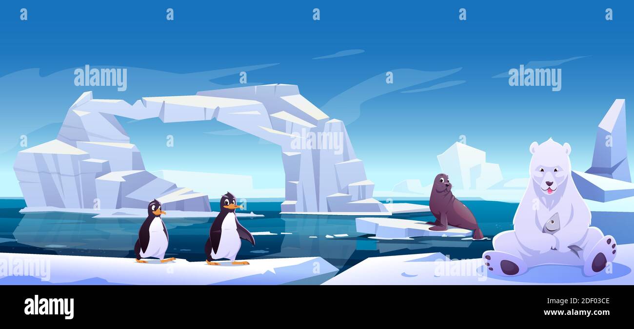Animali selvatici seduti su galleggianti di ghiaccio in mare, orso bianco che tiene pesci, pinguini e foche. Antartide o abitanti del Polo Nord in zona esterna, oceano. Bestie nella fauna della natura, illustrazione vettoriale di Cartoon Illustrazione Vettoriale