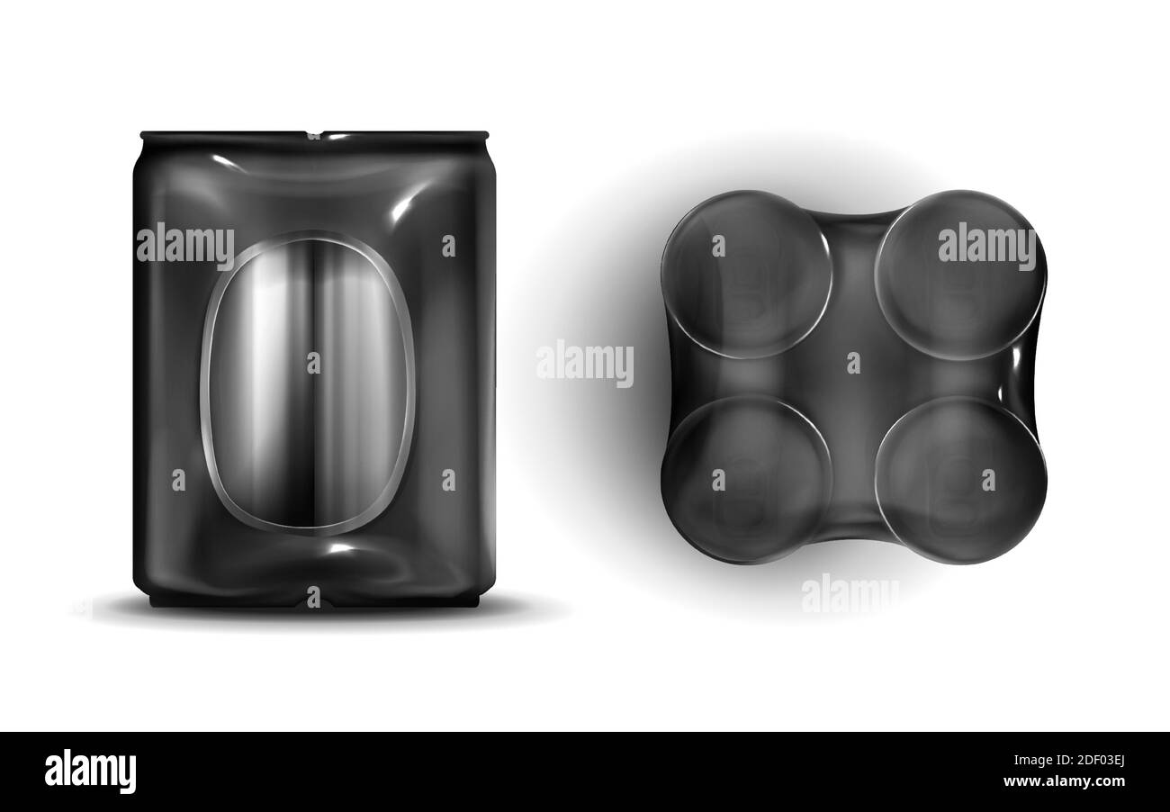 Lattine in plastica avvolgente vista frontale e dall'alto. Quattro barattoli in metallo di soda o birra in confezione nera, barattoli in alluminio, bottiglie di bevande fredde isolate su sfondo bianco, mockup vettoriale 3d realistico Illustrazione Vettoriale