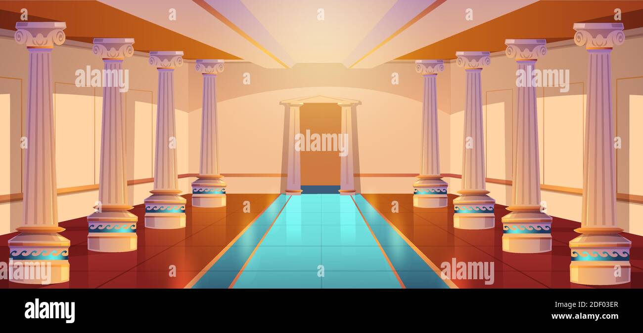 Tempio greco, architettura romana, corridoio del castello con colonne e ingresso ad arco. Sala del palazzo con colonne, design di un edificio antico, sala da ballo vuota o interno del teatro. Illustrazione vettoriale cartoon Illustrazione Vettoriale