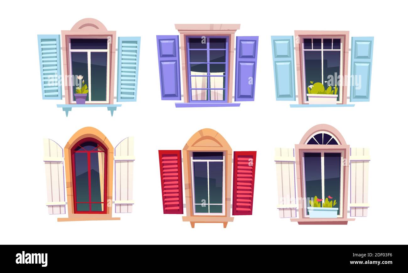 Finestre in legno con persiane aperte in stile mediterraneo isolate su sfondo bianco. Cartoni animati vettoriali Set di finestre con cornici colorate, tende e vasi di fiori sul davanzale Illustrazione Vettoriale