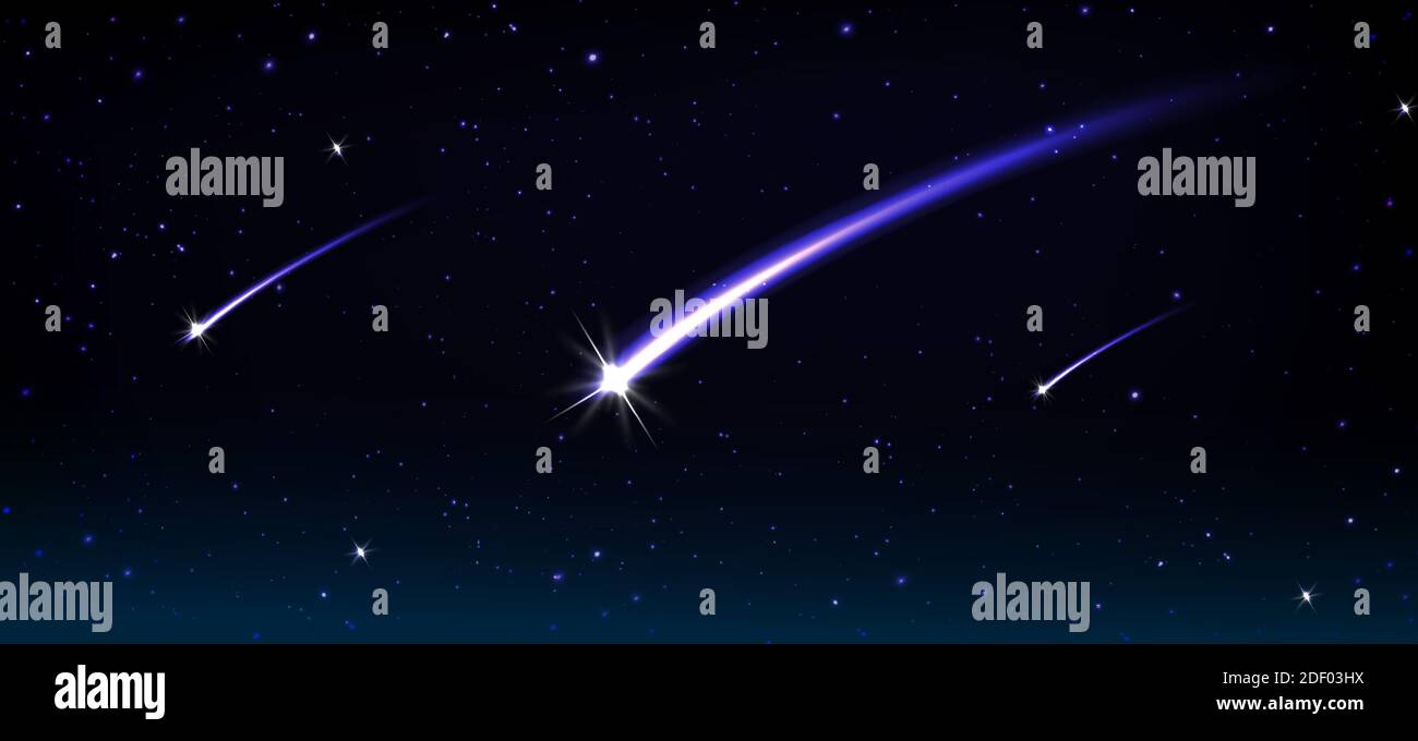 comete cadenti, asteroidi o meteore con sentiero di fiamma blu nel cosmo. Immagine vettoriale realistica del cielo nero con stelle, meteoriti volanti e incandescenti dallo spazio e palloni da fuoco flash Illustrazione Vettoriale