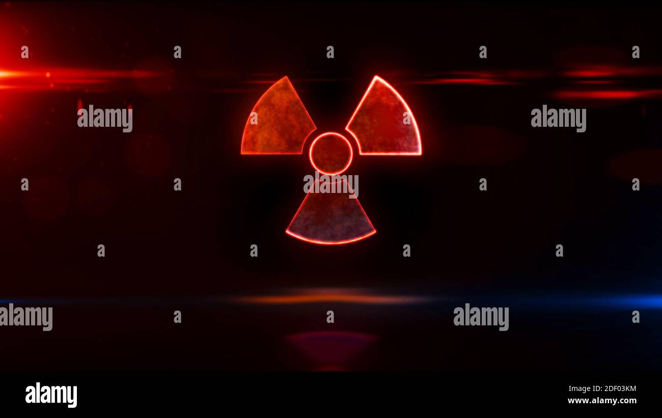 Simbolo di avvertimento nucleare, simbolo al neon di pericolo radioattivo e concetto di icona dell'energia atomica. Illustrazione del rendering 3d astratto futuristico. Foto Stock