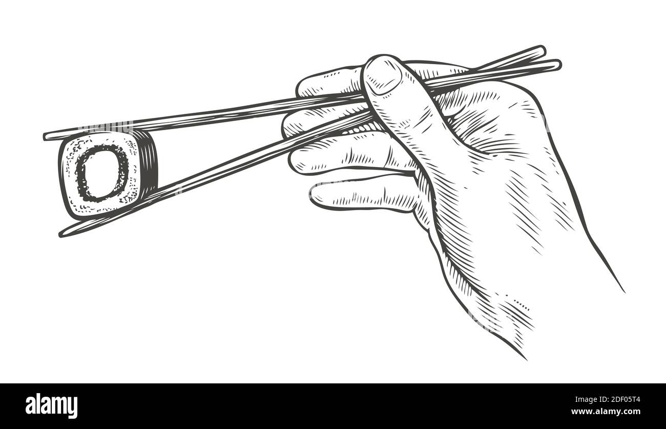 Sushi e chopsticks schizzo. Vettore vintage sketch cibo asiatico Illustrazione Vettoriale