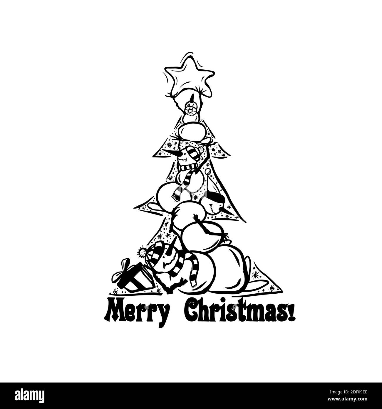 Libro da colorare per bambini. Buon Natale card. Albero di Natale fatto di pupazzi di neve. Illustrazione vettoriale Illustrazione Vettoriale