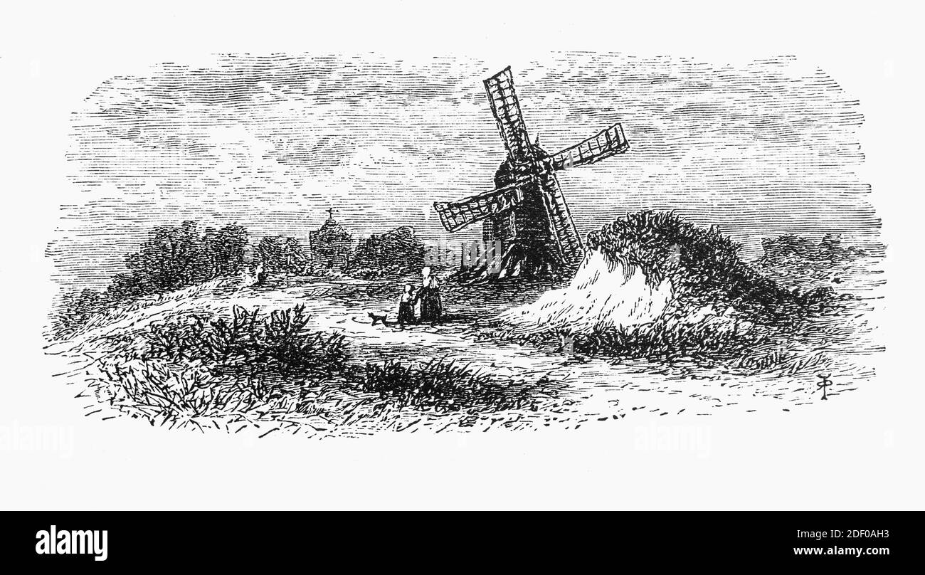 Una vista del 19 ° secolo di un mulino a vento tradizionale sulla scarpata a Edgehill, una frazione vicino Stratford-on-Avon, Warwickshire, Inghilterra. Edge Hill diede il nome alla prima grande battaglia della guerra civile inglese, combattuta domenica 23 ottobre 1642, tra le forze reali del re Carlo i e l'esercito parlamentare comandato dal conte di Essex. Foto Stock