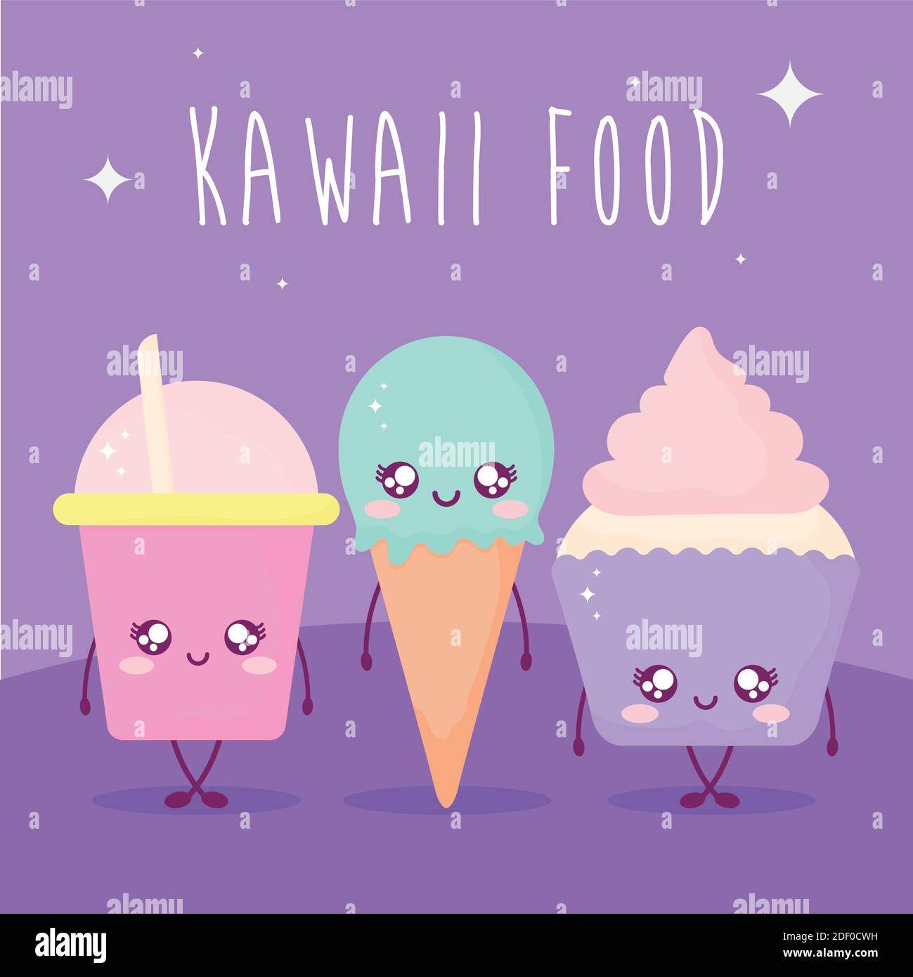 scritta kawaii food e set di cibo kawaii su viola sfondo Illustrazione Vettoriale