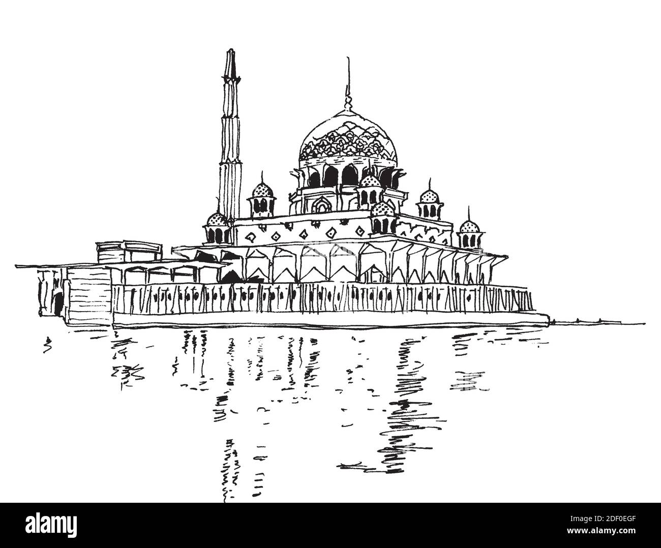 Disegno grafico a mano di Masjid Putra o Moschea Putra a Putrajaya Wilaya, Malesia Illustrazione Vettoriale