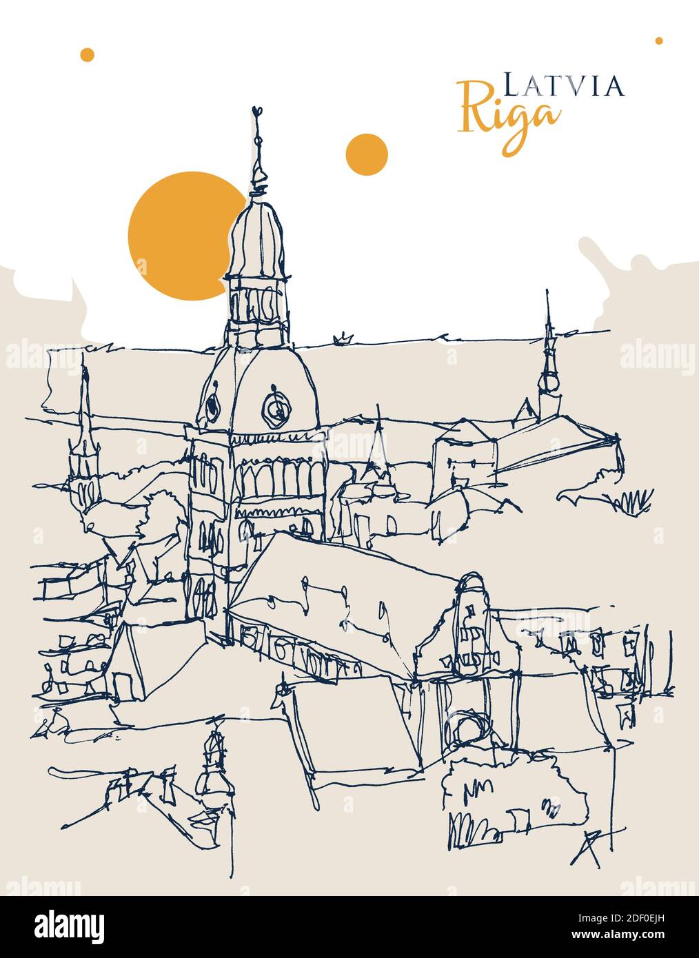 Disegno grafico a mano del vettore di riga, la capitale della Lettonia Illustrazione Vettoriale