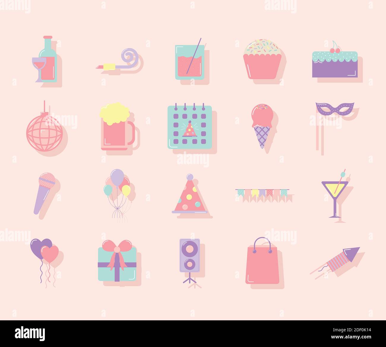 set di icone party su sfondo color pastello Illustrazione Vettoriale