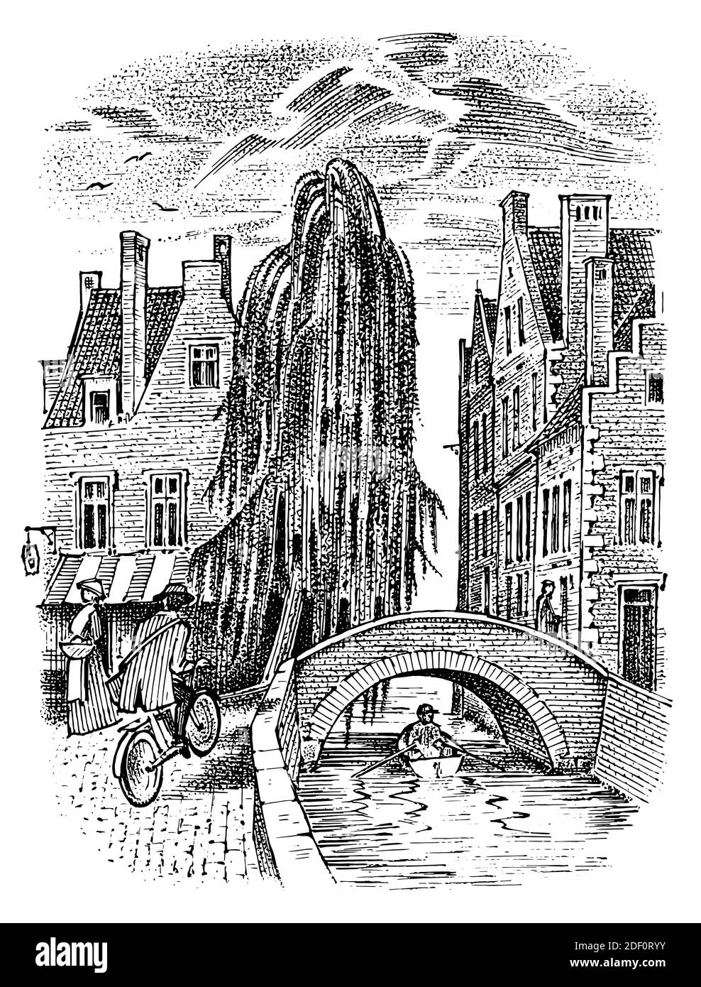 Paesaggio della città belga di Bruges o Bruxelles in stile retrò d'epoca. Ponte e fiume e persone. Illustrazione vettoriale. Disegnata a mano con incisione Illustrazione Vettoriale