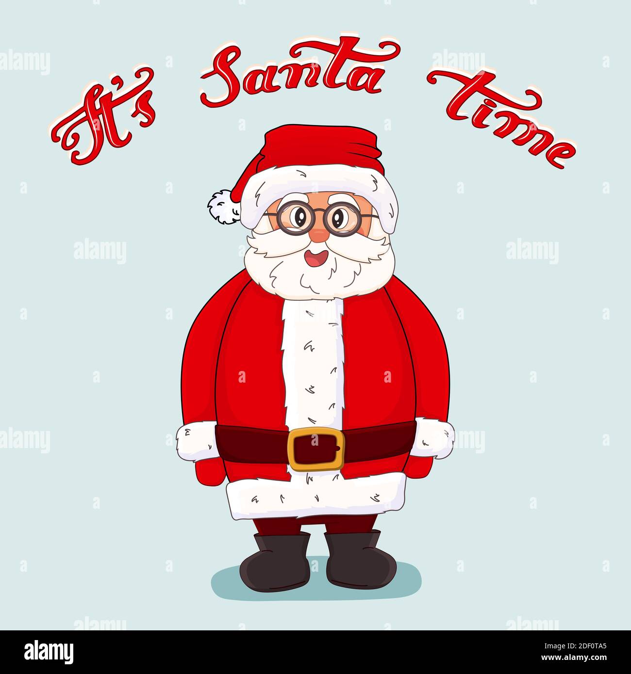 Cartone animato disegnato a mano Babbo Natale è in un cappello, cappotto di  pelliccia rossa, stivali, occhiali e guanti si trova vicino al suo tempo di  Babbo Natale testo Immagine e Vettoriale -
