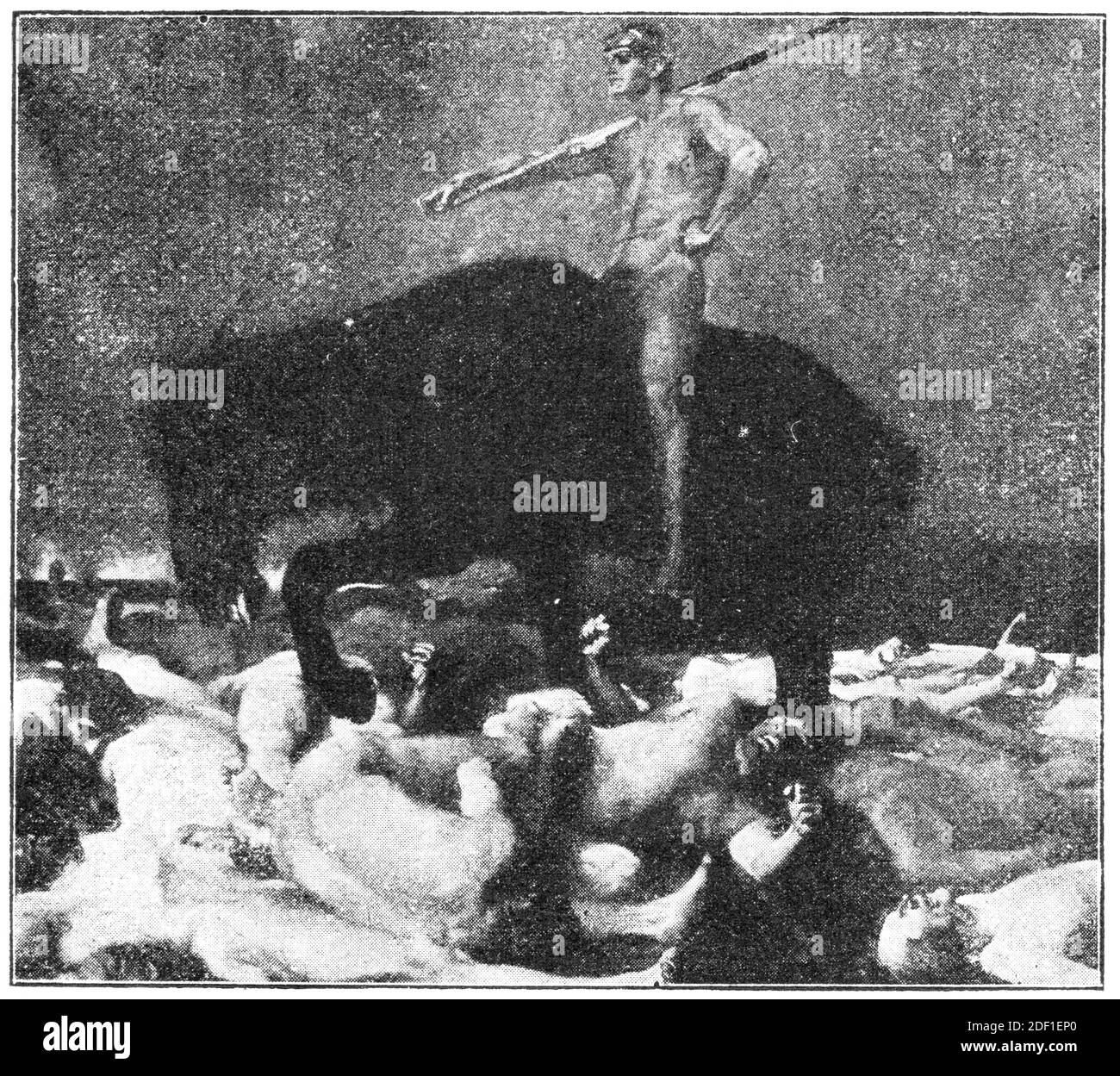 'La guerra' di un pittore tedesco Franz Stuck. Illustrazione del 19 ° secolo. Sfondo bianco. Foto Stock