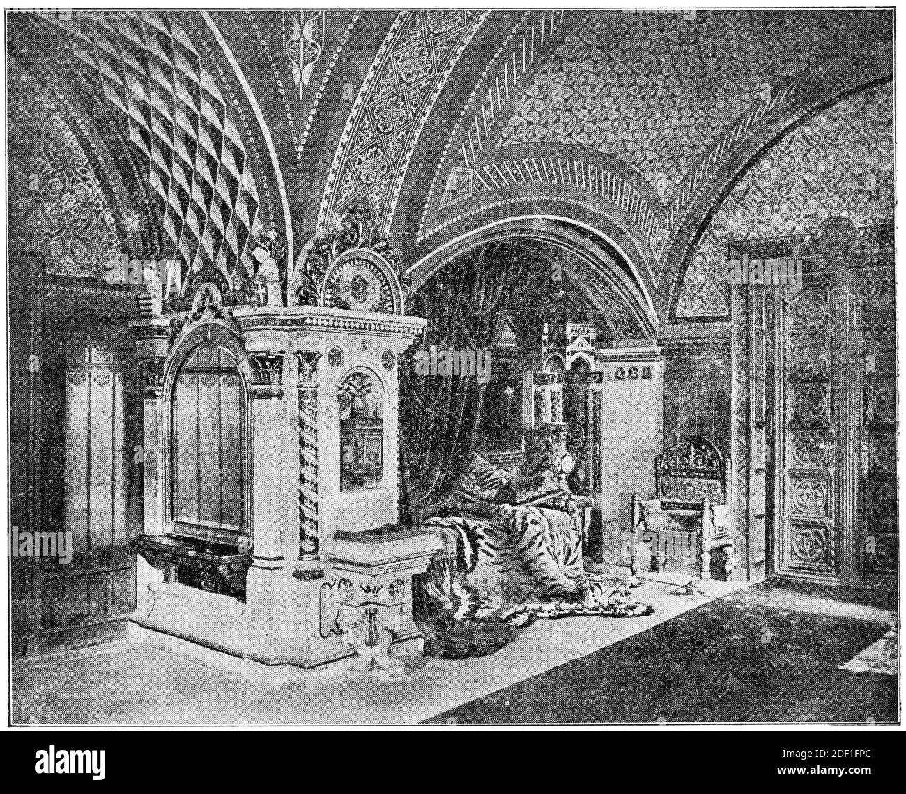 Interno della sala di accoglienza della residenza reale del Castello di Buda, Budapest, Ungheria. Illustrazione del 19 ° secolo. Sfondo bianco. Foto Stock