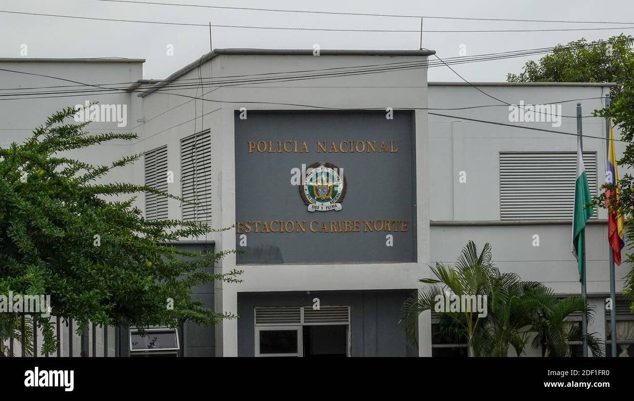 Cartagena,Columbia-11/5/19: il segno esterno presso la Polizia Nazionale Nord Caraibi Station Building a Cartagena, Colombia. Foto Stock